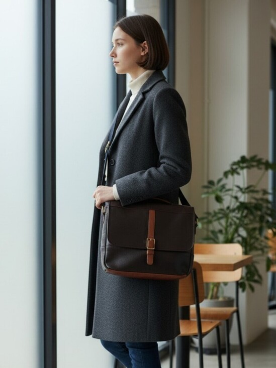 Fossil Handbags - Fossil Evan Leather Commuter Crossbody Bag Black Brown Push Lock Closure 10x4"